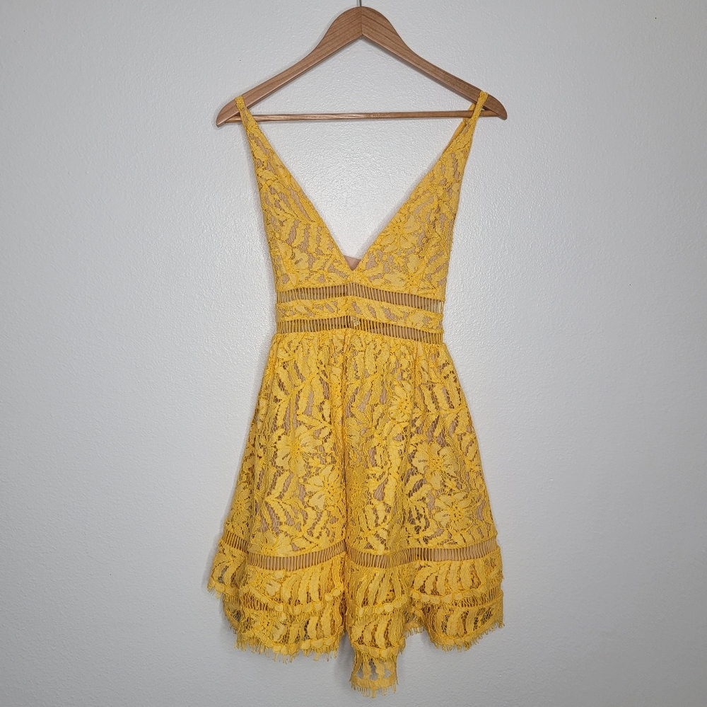 Lovers and Friends Moon Dance Dress In Golden Lace Mini Dress Size M